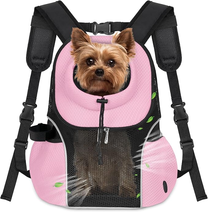 WOYYHO Pet Dog Carrier Backpack Small Dog Front Backpack Ventilated Mesh Dog Travel Back Pack with Safety Belt for Travel Hiking Cycling Outdoor Adventures (Size L: 10-14 lbs, Pink)-Mewly Pet