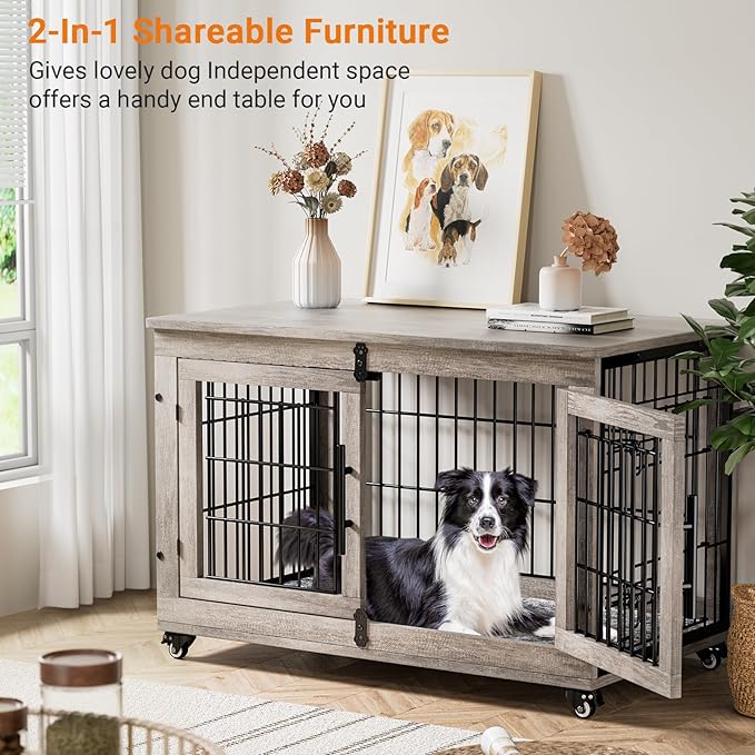 Lulive Dog Crate Furniture Set of 2, Dog Kennel Indoor Double Doors Wooden Dog Cage, 38'' Heavy Duty Dog Crate with Cushion & Wheels, End Table Pet House Chew-Resistant Up to 70 lb, Grey-Mewly Pet