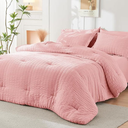 HYMOKEGE Rose Pink Queen Comforter Set Seersucker 7 Pieces, All Season Luxury Bed in a Bag Queen for Bedroom, Bedding Set with Comforter, Sheets, Pillowcases & Shams