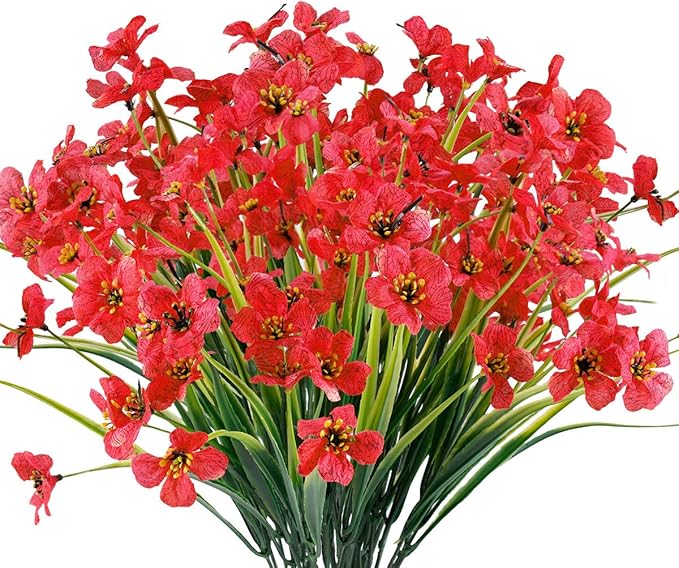 12 Bundles Artificial Flowers Outdoor UV Resistant Fake Flowers No Fade Faux Plants Garden Porch Window Box Decorating (Deep Red)