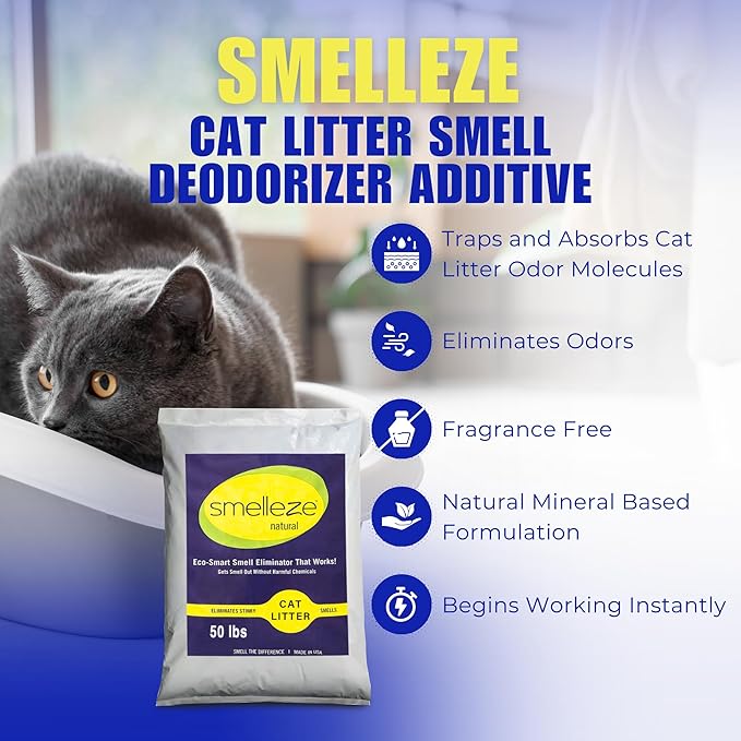 SMELLEZE Natural Cat Litter Smell Eliminator Deodorizer Additive: 50 lb. Rids Strong Urine & Poop Stench. Change Kitty Box Litter Less. Safe for Cats. Unscented-Mewly Pet
