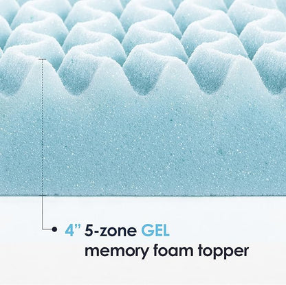 Mellow 4 Inch 5-Zone Memory Foam Mattress Topper, Cooling Gel Infusion, Dorm Essentials, Queen Blue