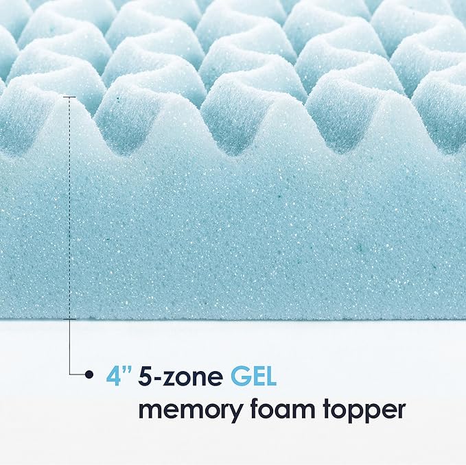 Mellow 4 Inch 5-Zone Memory Foam Mattress Topper, Cooling Gel Infusion, Dorm Essentials, Full Blue