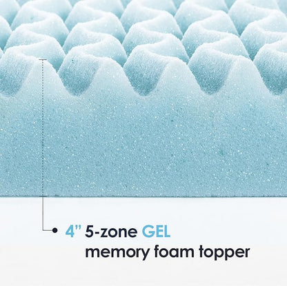 Mellow 4 Inch 5-Zone Memory Foam Mattress Topper, Cooling Gel Infusion, Dorm Essentials, Full Blue