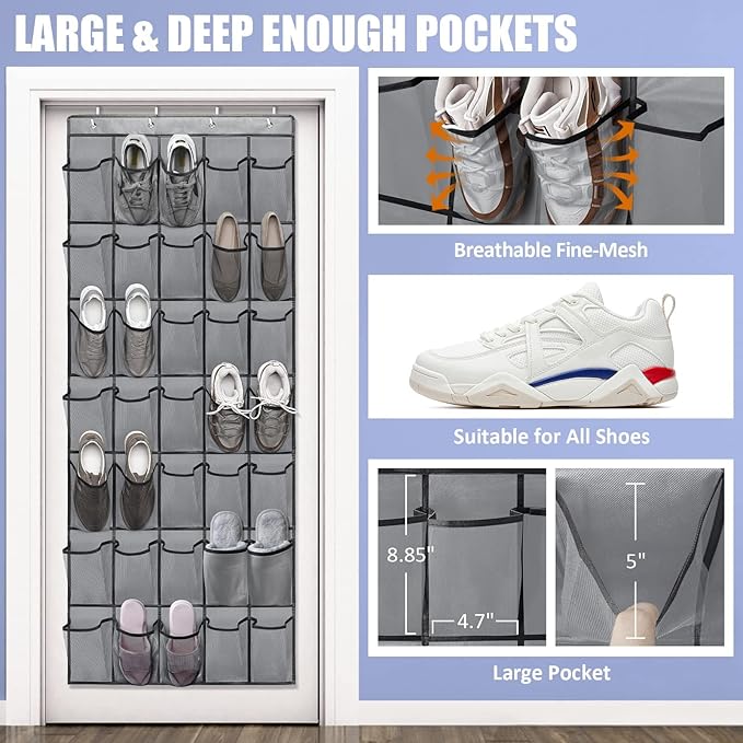 Over the Door Shoe Organizers 35 Mesh Pockets Hanging Shoe Organizer Shoe Rack for Closet Entryway Bedroom Bathroom Pantry Shoe Holder for Sneakers, High Heeled Shoes, Flip Flops (Gray 67.7” × 26.4”)