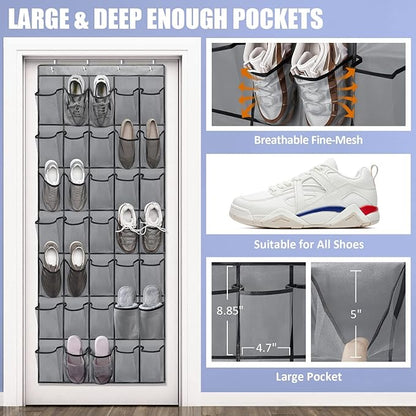 Over the Door Shoe Organizers 35 Mesh Pockets Hanging Shoe Organizer Shoe Rack for Closet Entryway Bedroom Bathroom Pantry Shoe Holder for Sneakers, High Heeled Shoes, Flip Flops (Gray 67.7” × 26.4”)