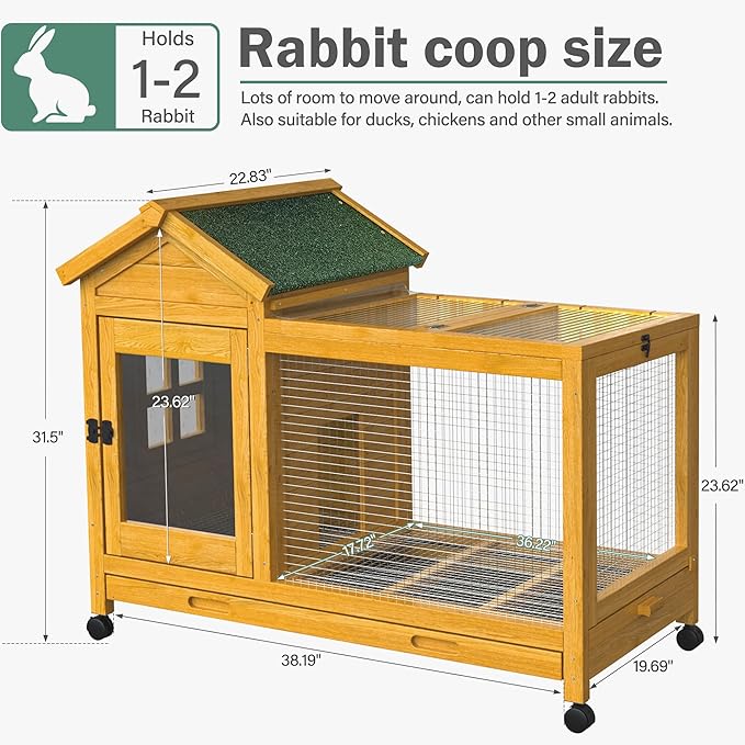 Wooden Rabbit Hutch with Waterproof Roof,Outdoor/Indoor Bunny Cage with Removable Slide-Out Bottom Tray, Chewproof Rabbit cage for Small-Medium Animals (Guinea Pigs, Hedgehogs)-Mewly Pet