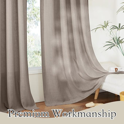 RYB HOME Privacy Sheer Curtains for Living Room, Linen Textured Semi Sheer for Bedroom Window Treatment Panels Light Glare Filtering, Birch Brown, Width 52 x Length 90 per Panel, 1 Pair