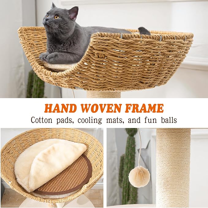Natural Wood Modern Cat Tree with Top Cats Bed, Unique Cute Cats Furniture Activity Centre with Sisal Rope Scratching Posts, Cats Tower Condo with Interactive Cat Toy Tree-Mewly Pet
