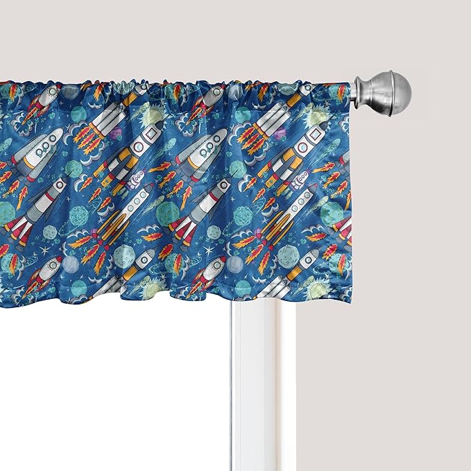 Ambesonne Spaceship Window Valance Pack of 2, Hand-Drawn Cartoon Spaceships Planets and Stars Outer Space Exploration Theme, Rod Pocket Curtain Valances for Kitchen Bedroom, 42" X 18", Violet Blue