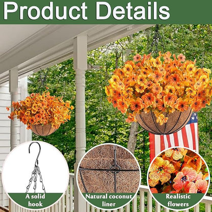 Orgrimmar 2 Pack Artificial Fall Mums Hanging Basket - UV Resistant Fake Hanging Plants with Realistic Silk Mums & Eucalyptus, Coconut Lining Baskets for Home Porch Balcony Patio Yard (Orange)