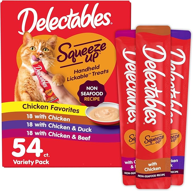 Delectables Squeeze Up Non-Seafood Variety Pack, Creamy Squeezable Puree, Lickable Wet Cat Treats, Grain Free, No Added Fillers, No By-Products, No Added Preservatives, 0.5 Ounces Tube, 54 Tubes Total-Mewly Pet