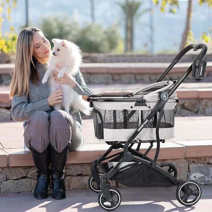 T3 3 in 1 Small Pet Stroller for Dogs & Cats, 4 Wheels for Dogs with Detachable Carrier with Pad, Canopy and Cup Holder, Grey-Mewly Pet