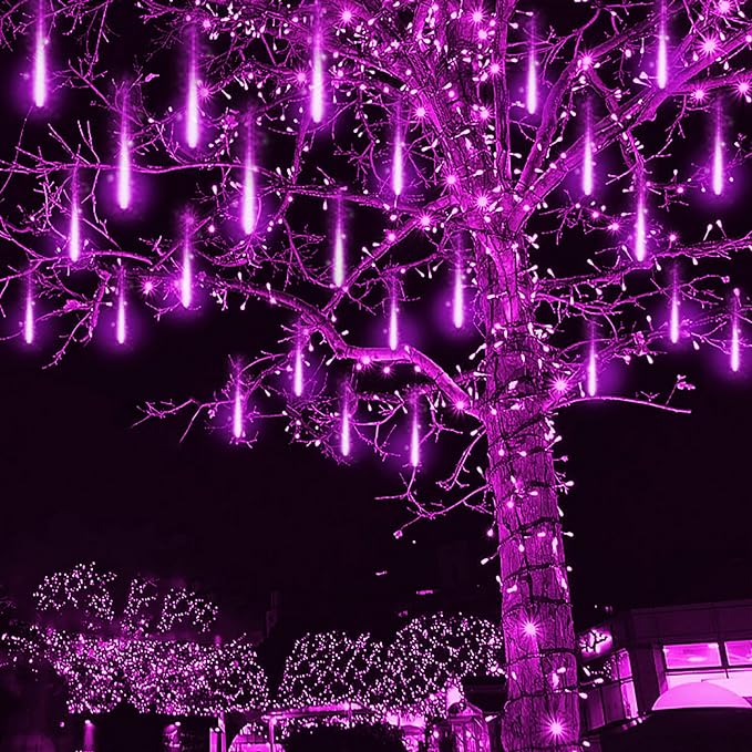 Kwaiffeo Purple Christmas Lights Outdoor, 16 Tubes Meteor Shower Light (Equivalent to 2 Sets of 8-Tube) for Halloween Christmas Decorations Yard Outside, UL Plug