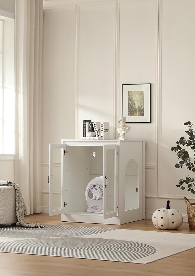 Cat Litter Robot Enclosure with Cat-Observant Glass Doors,Litter Robot Cabinet with Cozy LED for Cats,Reversible and Optional Entry(Left or Right),Power Outlet for More Choice, (White)-Mewly Pet