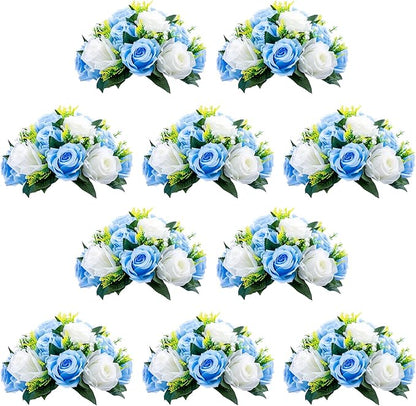 NUPTIO Pcs of 10 Fake Flower Ball Arrangement Bouquet,15 Heads Plastic Roses with Base, Suitable for Our Store's Wedding Centerpiece Flower Rack for Parties Valentine's Day Home Décor (Blue & White)