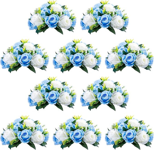NUPTIO Pcs of 10 Fake Flower Ball Arrangement Bouquet,15 Heads Plastic Roses with Base, Suitable for Our Store's Wedding Centerpiece Flower Rack for Parties Valentine's Day Home Décor (Blue & White)