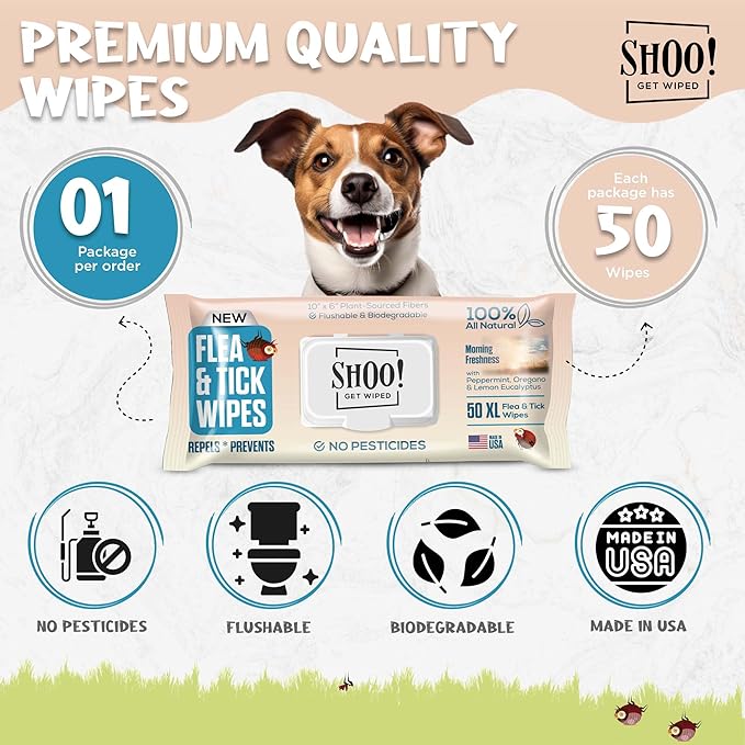 Shoo! Flea & Tick Wipes for Dogs | Convenient, Easy On-The-Go Protection | Plant Based, Natural Oils, Chemical Free | Repels & Prevents | 50 XL Wipes | (Morning Freshness)-Mewly Pet