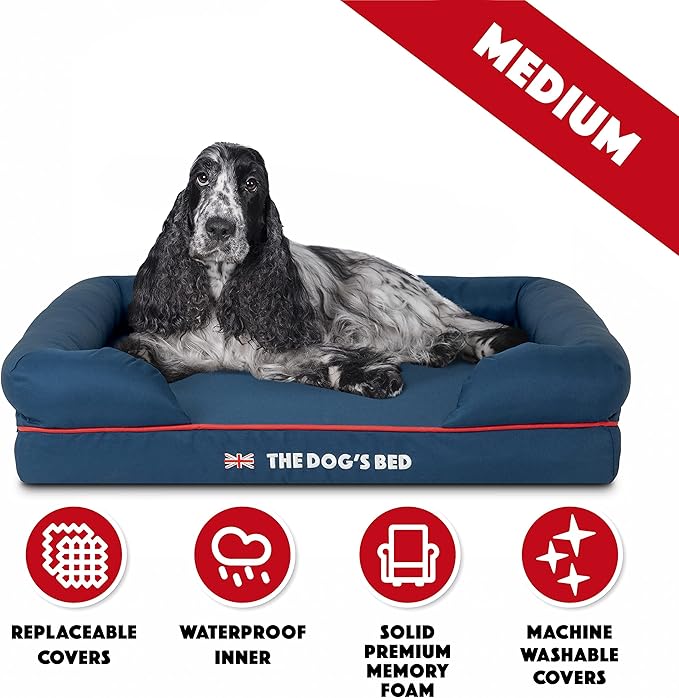 The Dog’s Bed Orthopedic Dog Bed Medium Blue Oxford with Red Trim UK Flag Dog Bed 30x23.5, Memory Foam, Pain Relief, Post Surgery, Lameness, Veterinary Approved, Waterproof Washable Cover Cover-Mewly Pet