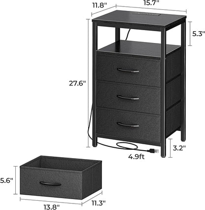 Huuger Nightstand with Charging Station, 27.6 Inch Side Table with Fabric Drawers, End Table Bedside Table with USB Ports and Outlets, Night Stand for Bedroom, Black