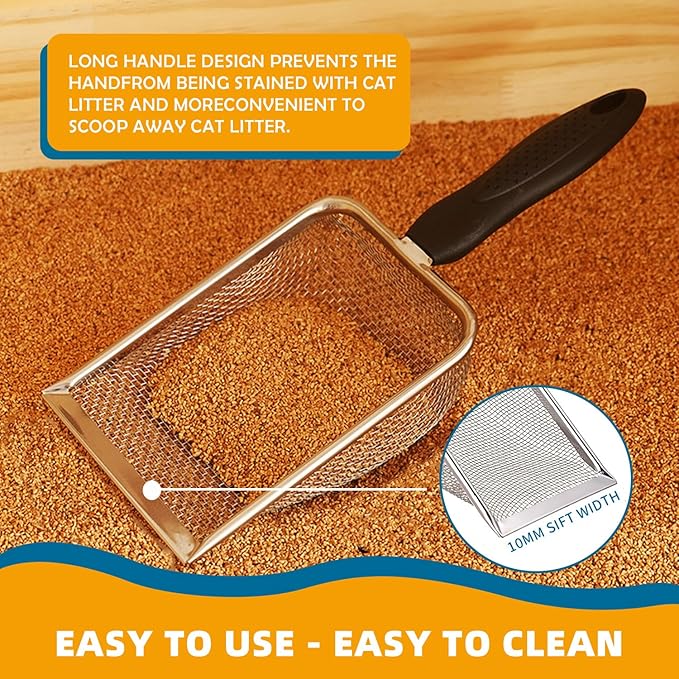 Cat Litter Scooper with Holder,Sturdy Litter Cleaner Corner Shovel,Stainless Steel Mesh Litter Scoop,Easy to Clean,Non-Slip Handle,Suitable for All cat Litter-Mewly Pet