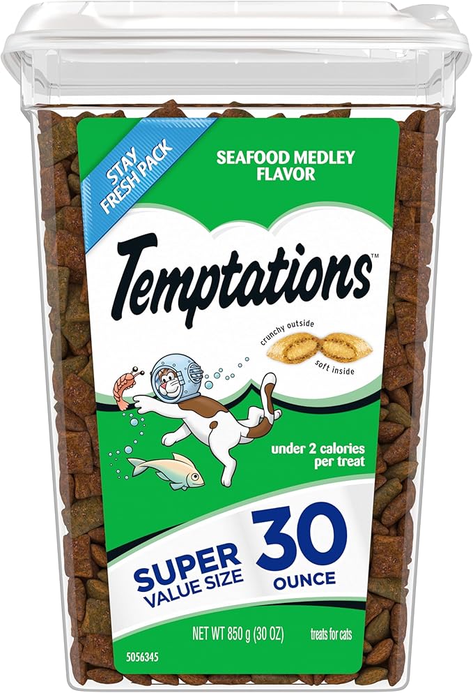 Temptations Classic Crunchy and Soft Cat Treats, Seafood Medley Flavor, 30 oz. Tub-Mewly Pet