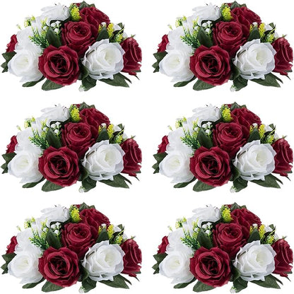 NUPTIO Flower Wedding Centrepieces for Tables - 6 Pcs 9.5in Diameter Burgundy & White Artificial Flowers Rose Ball for Centerpieces Table - Fake Rose Arrangements for Weddings Birthday Party Decor