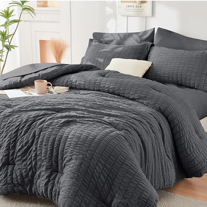 HYMOKEGE Twin Comforter Set Seersucker 5 Pieces, All Season Luxury Bed in a Bag for Bedroom, Bedding Set with Comforters, Sheets, Pillowcase & Sham, Dark Grey
