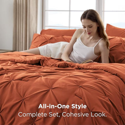 Bedsure California King Comforter Set Burnt Orange - Bed in a Bag Cal King Bedding Set 7 Pieces, GentleSoft™ Pintuck Bed Set Gift for Family, Pinch Pleat Comforter with Sheets, Pillowcases & Shams