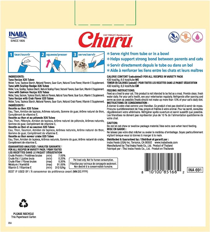 INABA Churu Cat Treats, Lickable, Squeezable Creamy Purée with Vitamin E, 0.5 Ounces per Tube, 100 Tubes Total, Tuna Variety-Mewly Pet