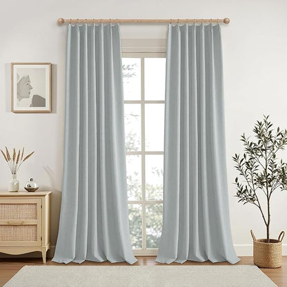 KangBang Pinch Pleat 90 Inch Blackout Curtains for Bedroom, Linen Woven Textured Pleated Drapes 2 Panels Set for Living Room Office, Sun Blocking Neutral Window Treatments,42x90 Inch, Fog Grey