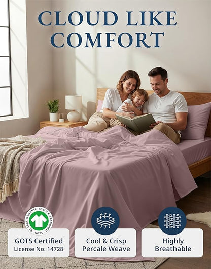 LANE LINEN Eco Friendly 100% Organic Cotton Bed Sheets Full Size, Fully Elasticized Reinforsed Seams, Machine Washable Naturally Cooling Full Sheet Deep Pocket Bedding- Lilac