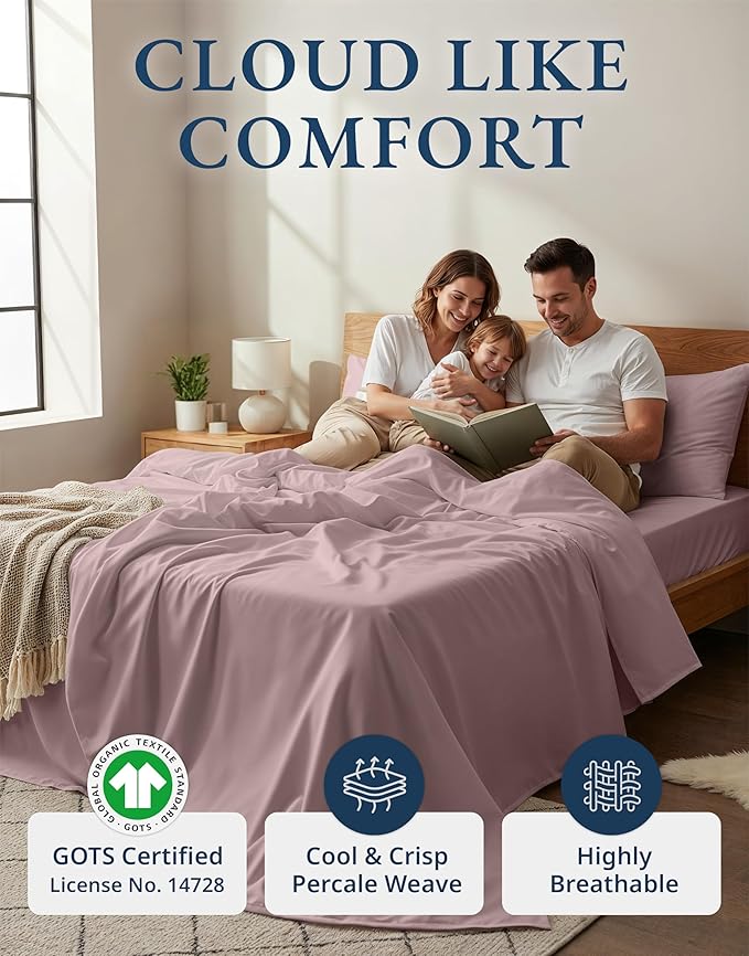 LANE LINEN Sustainable 100% Organic Cotton Twin Size Bed Sheets, Soft & Comfy Mercerized Fully Elasticized Naturally Cooling Machine Washable Twin Sheet Sets Cotton- Lilac