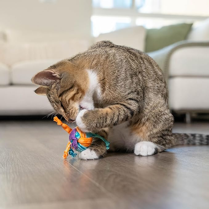 Catstages Catnip Tons of Tails – Interactive Catnip Dental Chew Toy for Cats with Rope, Ribbon & Cotton for Batting, Chasing & Chewing-Mewly Pet
