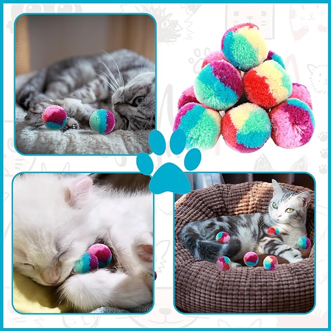 1.2 in Colorful Cat Pom Pom Ball Toys, 20 Pcs Rainbow Cat Toy Balls Soft Plush Cat Ball Interactive Training Ball for Indoor Cats & Kittens-Mewly Pet