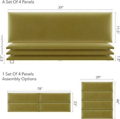 Vänt Upholstered Wall Panels - King/Cal King Size Wall Mounted Velvet Headboards - Velvet Olive Moss - Twin/King - Set of 4 Panels (Each Individual Panel 39"x11.5")