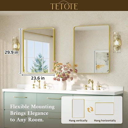 TETOTE 24 x 30 Gold Bathroom Mirror Brushed Gold Metal Framed Vanity Mirror, Tempered Glass, Wall Mounted for Bathroom, Entryway, Bedroom, Living Room(Horizontal/Vertical)