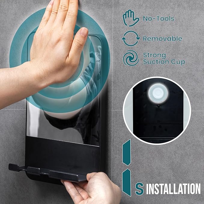 TAILI Shower Mirror Fogless Suction, Shaving Mirror with Razor Holder, Fog Free with Storage Tray, Rust-Proof, Shatterproof, Removable, Bathroom & Shower Accessories, Black