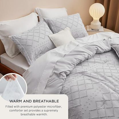 Bedsure Queen Comforter Set - Light Grey Comforter, Boho Tufted Shabby Chic Bedding for Kids, 3 Pieces Vintage Farmhouse Bed Set for All Seasons, Fluffy Soft Bedding with 2 Pillow Shams