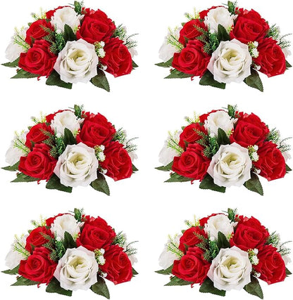 NUPTIO Pcs of 6 Fake Flower Ball Arrangement Bouquet,15 Heads Plastic Roses with Base, Suitable for Our Store's Wedding Centerpiece Flower Rack for Parties Valentine's Day Home Décor (Red & White)