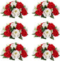 NUPTIO Pcs of 6 Fake Flower Ball Arrangement Bouquet,15 Heads Plastic Roses with Base, Suitable for Our Store's Wedding Centerpiece Flower Rack for Parties Valentine's Day Home Décor (Red & White)