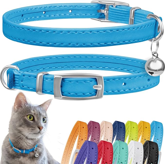 CollarDirect Leather Cat Collar, Kitten Collar with Removable Bell Black Blue Red Orange Lime Green (8-11 Inch, Light Blue)-Mewly Pet