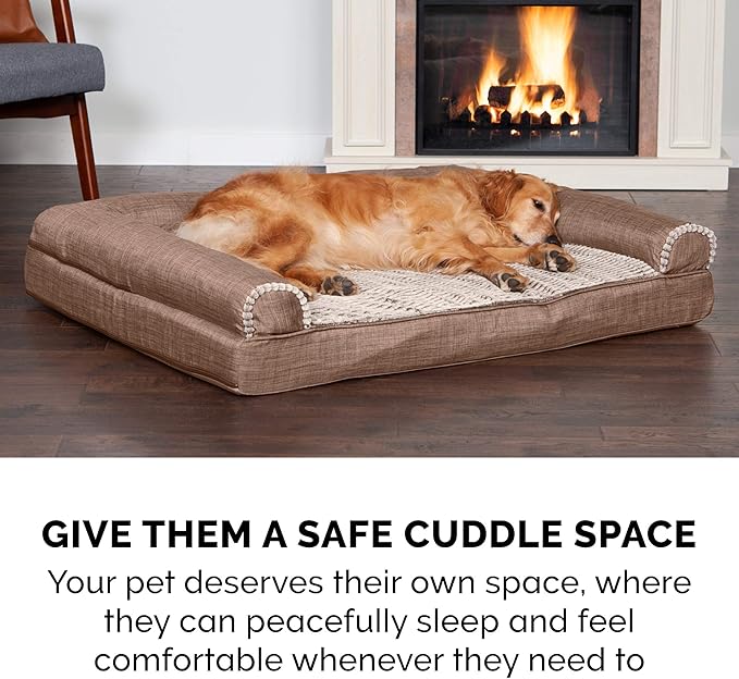 Furhaven Cooling Gel Dog Bed for Large/Medium Dogs w/ Removable Bolsters & Washable Cover, For Dogs Up to 55 lbs - Luxe Faux Fur & Performance Linen Sofa - Woodsmoke, Large-Mewly Pet