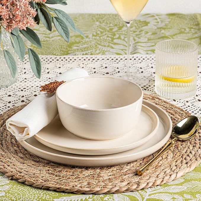 GBHOME Ceramic Dinnerware Sets for 4, 12 Pieces Stoneware Plates and Bowls Sets, Scratch Resistant Dishes, Dishwasher & Microwave Safe, Reactive Glaze-Vanilla color-Mewly Pet