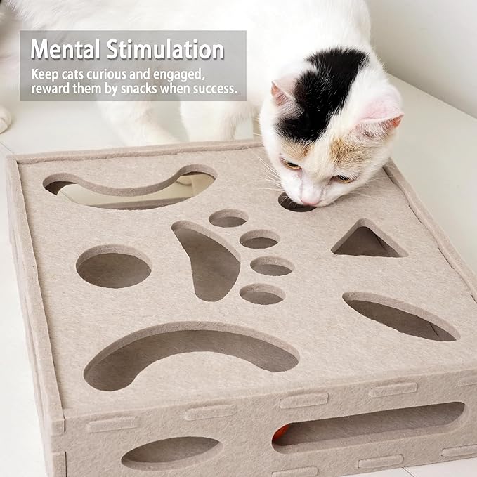 PETKARAY Felt Cat Puzzle Toy, Interactive Cat Toys for Indoor Cats, Interactive Maze for Kitten Felt Puzzle Box with Ball, Beige-Mewly Pet