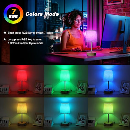 Ascher Small Bedside Table lamp Set of 2, RGB Color Changing Lamps, 3 Color Temperatures, Stepless Dimmable, Nightstand Lamp with USB C+A Ports for Bedroom Living Room, (Flaxen Shade, Wood Grain Base)