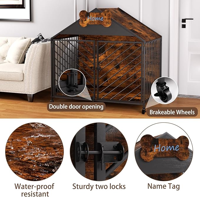 Heavy Duty Dog Crate Furniture for Large Breed - 39.4" Chew-Proof Kennel with Gable Roof, Double Door Escape-Proof Indoor Dog Cage, Rustic Brown-Mewly Pet