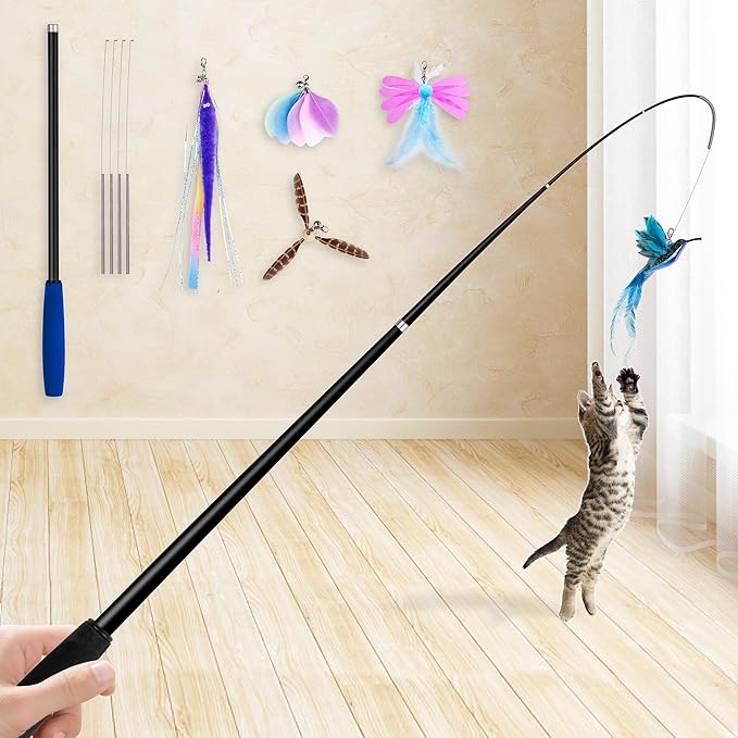 JXFUKAL 2025 Latest Cat Toys, 2 in 1 Spring Cat Wand Toy with 2PCS Ultra-Long Cat Teaser, 4PCS Spring Steel Wire & 5PCS Feather Refills for Kitty Kitten Indoor Cats Accessories-Mewly Pet