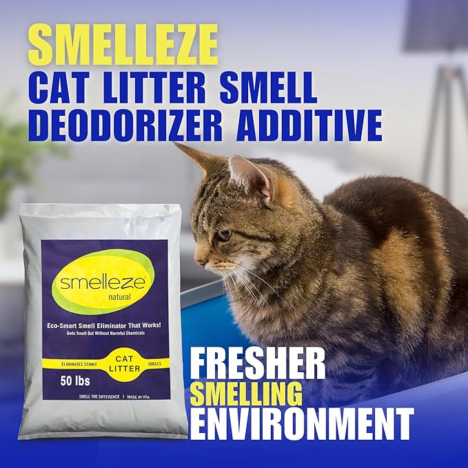 SMELLEZE Natural Cat Litter Smell Eliminator Deodorizer Additive: 50 lb. Rids Strong Urine & Poop Stench. Change Kitty Box Litter Less. Safe for Cats. Unscented-Mewly Pet