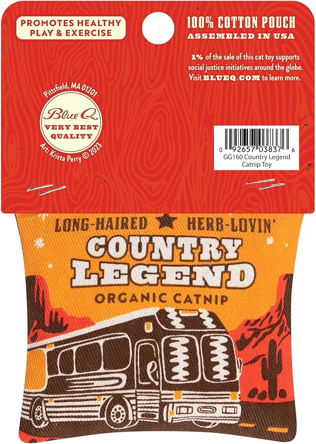 Blue Q Long-Haired, Herb-Lovin' Country Legend Catnip Cat Toy. Premium Organic Catnip Grown in The USA, 100% Cotton Pouches, Kitty Graphics Sure to Delight Every Cat-Keeper.-Mewly Pet